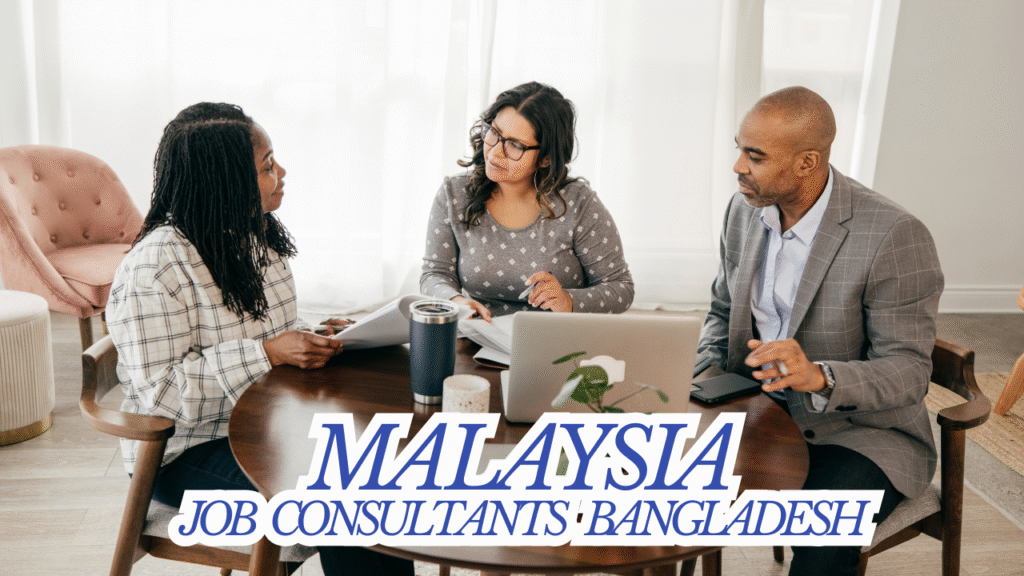 A group of Bangladeshi workers in Malaysia, smiling and working together in a professional setting, symbolizing successful overseas employment.