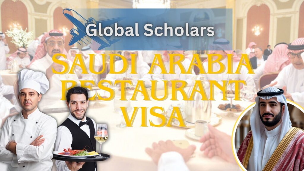 Promotional banner showing a chef, a waiter with a food tray, and a person in Saudi attire, highlighting restaurant work visa opportunities in Saudi Arabia.