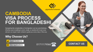 A Bangladeshi worker preparing documents for a Cambodia work visa application at a visa agency in Dhaka.